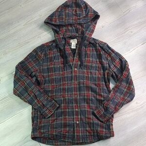 LL Bean S cotton slightly fitted plaid thick button up hoodie green blue pockets